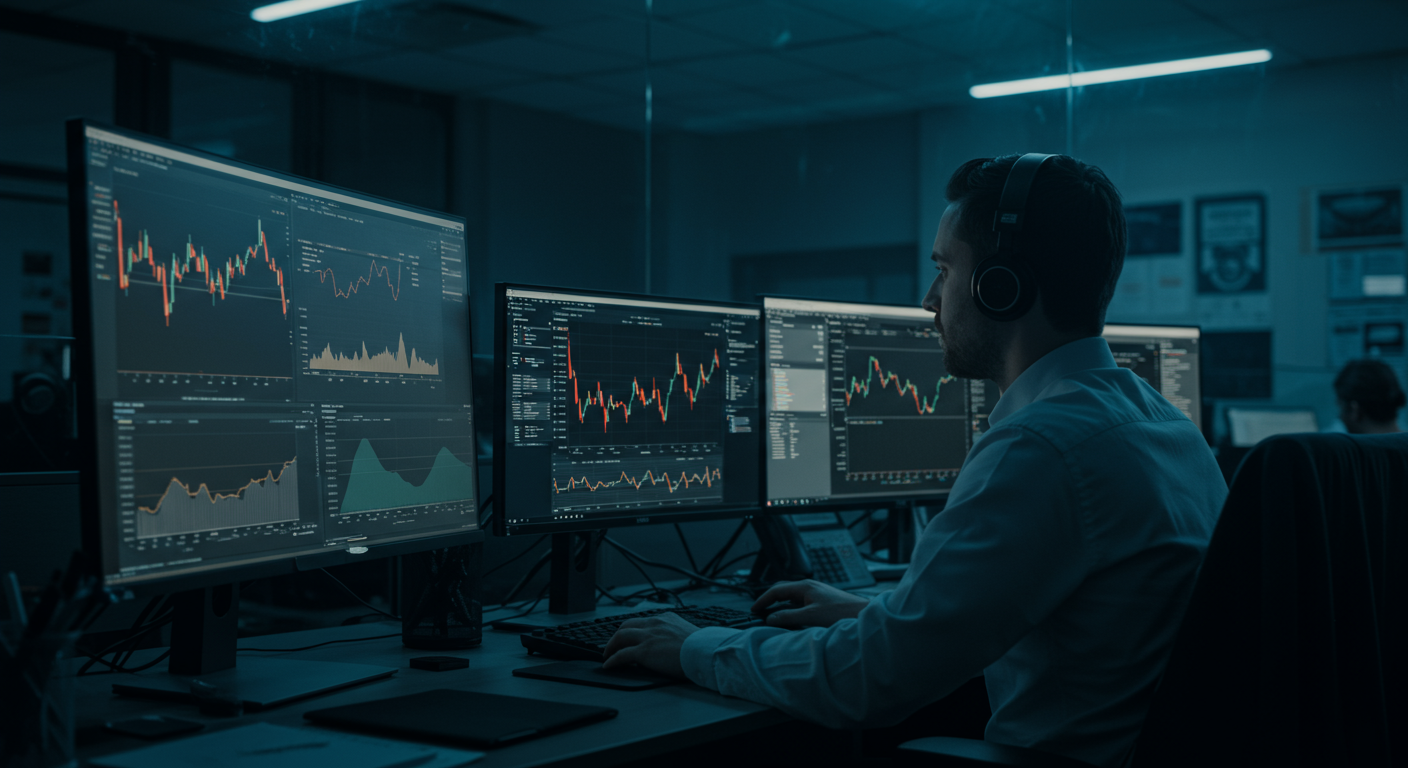 Editorial trading desk with analyst reports and market dashboards