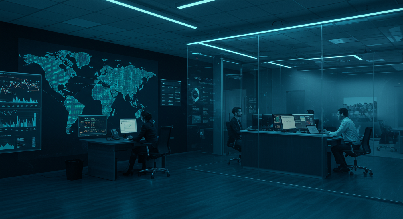 Global fintech office with client communication and operations team