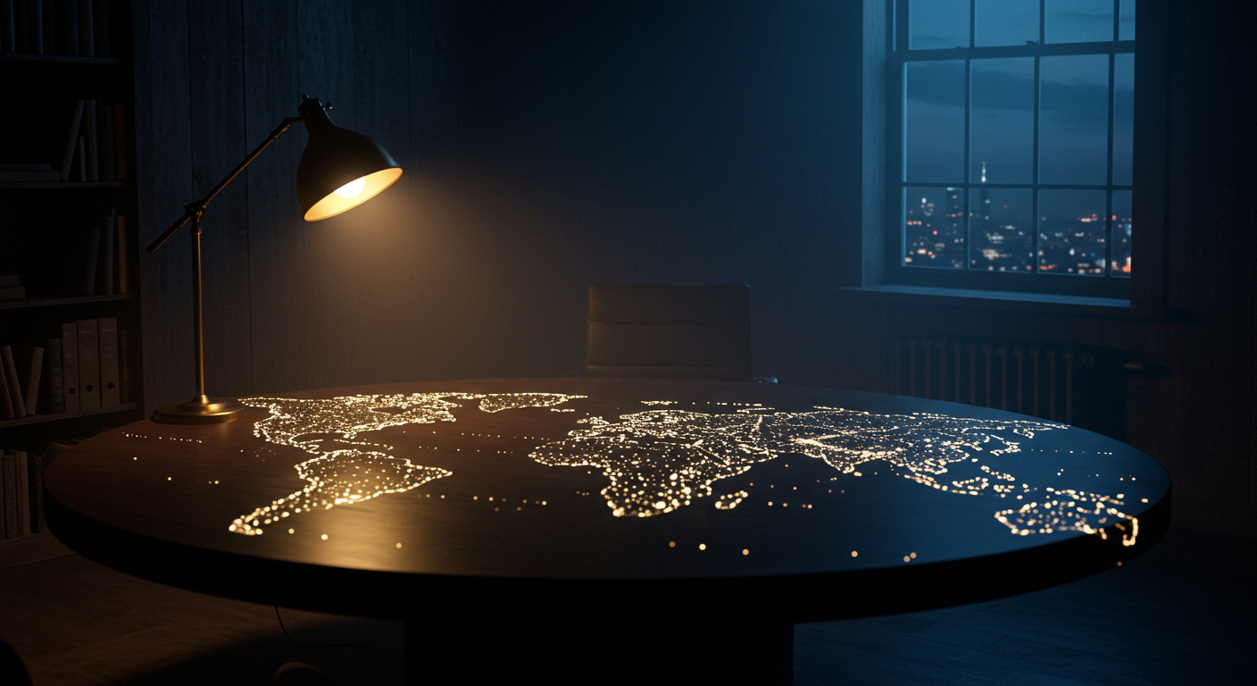 Globe-lit map table in a private study expressing global market access