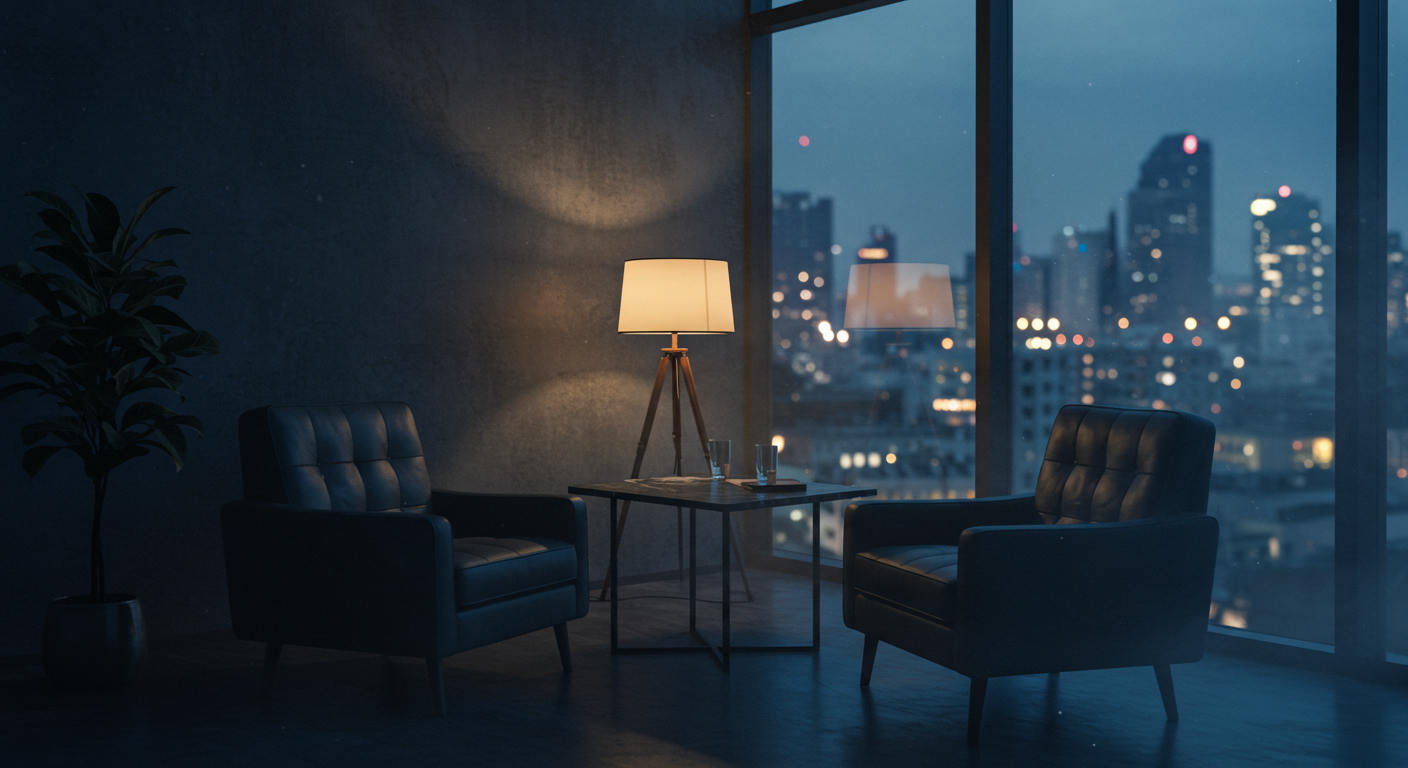 Quiet private meeting salon with two leather chairs and warm light