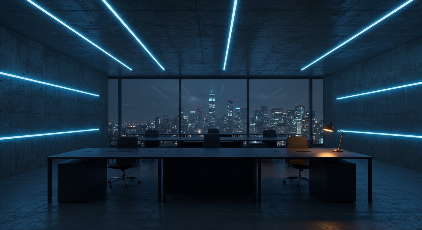 Corporate treasury floor overlooking a dusk city skyline