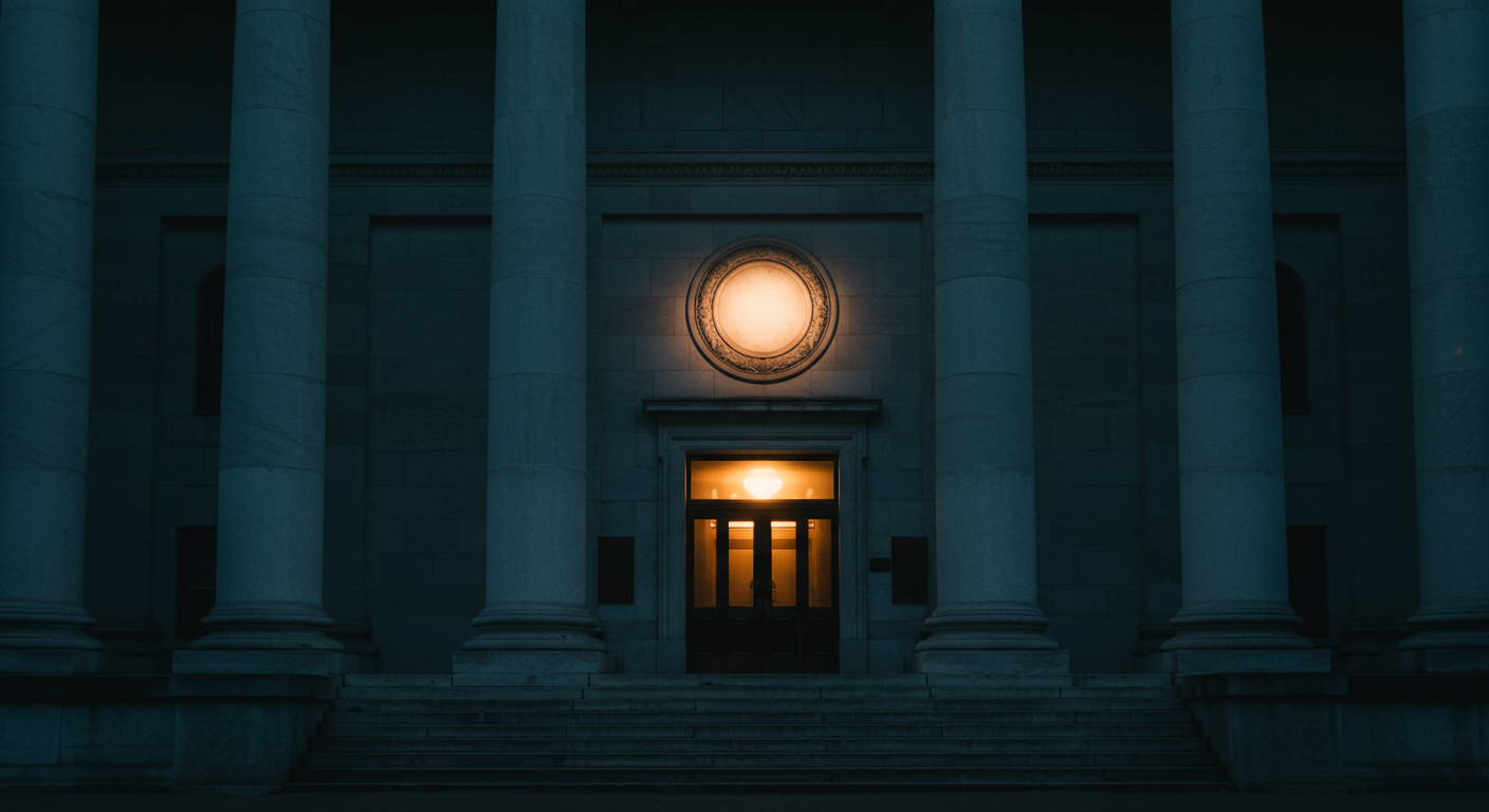 A classical institutional building facade with illuminated medallion at dusk — Drovix regulatory status